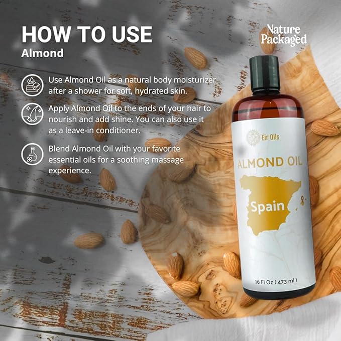 Nature Packaged Sweet Almond Oil - for Skin and Hair - Carrier Oil for Essential Oils Mixing - From EIR Oils' Farm in Mallorca, Spain - 1 Gallon