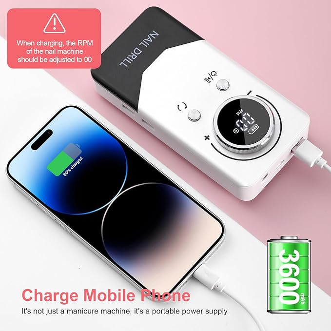 Electric 45000RPM Nail Drill Machine Rechargeable Portable Nail File Electric DIY Nail Drill Kit with Smart LCD Screen for Gel Nail Manicure and Pedicure Reflective Body etc (White)
