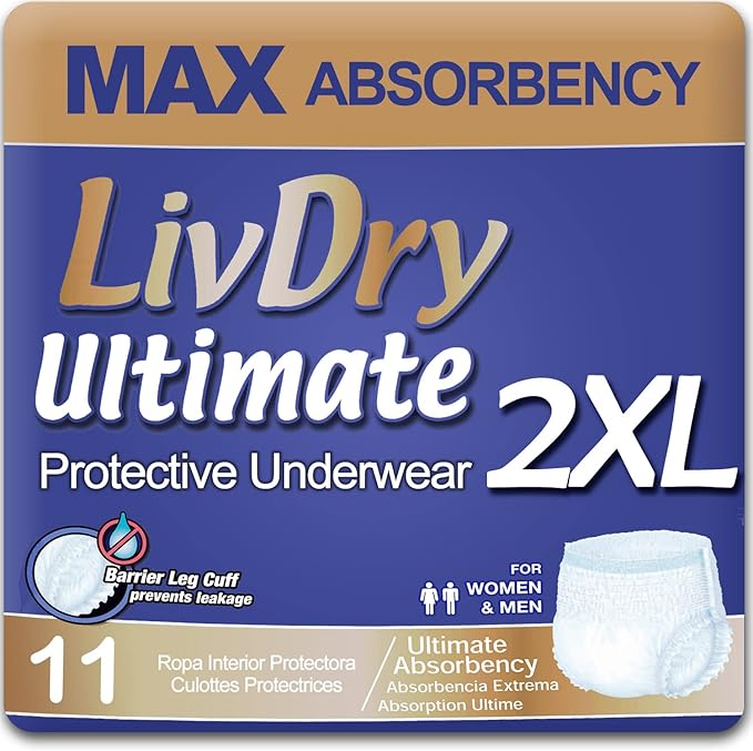 LivDry Ultimate 2XL Adult Incontinence Underwear, Max Absorbant Diapers for Women and Men, XXL 60” -80" Waist, Leak Proof Cuff, XX-Large, 11-Pack