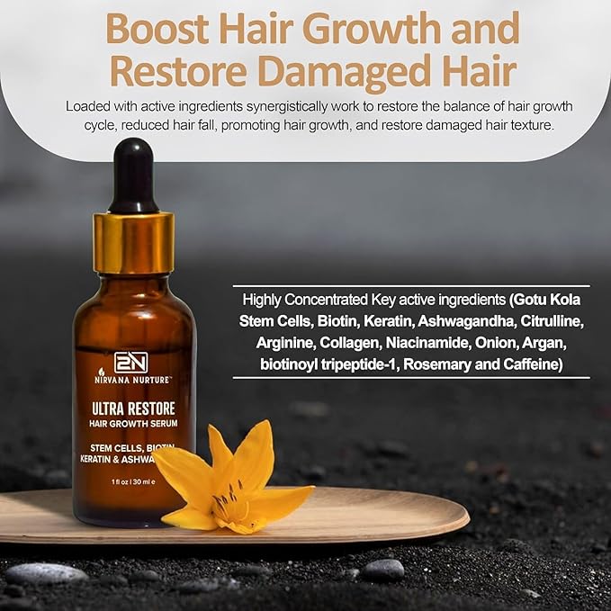 Ultra Restore Hair Growth Serum -Promote Fuller Hair Growth and Reduce Hair Loss, Nurtures Hair Follicle, Hydrates the Scalp, Detox Scalp -Stem Cells, Ashwagandha, Biotin, Keratin