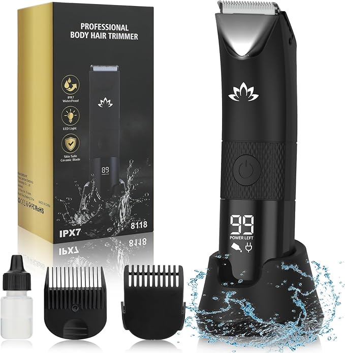 Manscape Trimmer for Men - Electric Body Hair Trimmer with Light, IPX7 Waterproof Electric Razor for Balls/Pubic/Groin/Legs/Chest Hair Removal, Lightweight with LED Display, Gifts for Him Dad