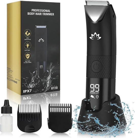 Manscape Trimmer for Men - Electric Body Hair Trimmer with Light, IPX7 Waterproof Electric Razor for Balls/Pubic/Groin/Legs/Chest Hair Removal, Lightweight with LED Display, Gifts for Him Dad