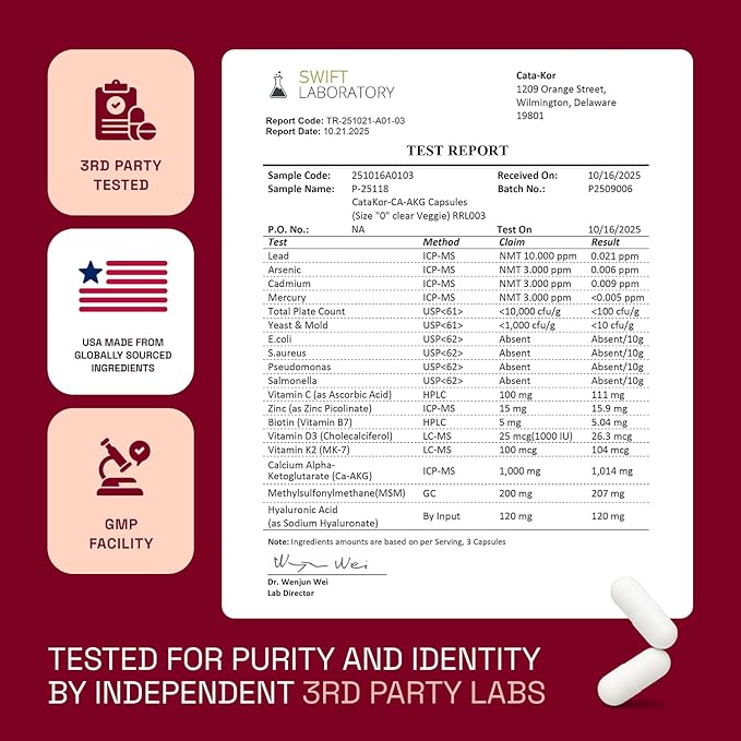 Cata-Kor Hair Skin and Nails Supplement with Biotin | Ca AKG | MSM | Hyaluronic Acid | Vitamin C & Vitamin D3 K2 – Hair Growth Supplements - Promotes Shiny Hair & Radiant Skin – 180 Capsules (2 Pack)