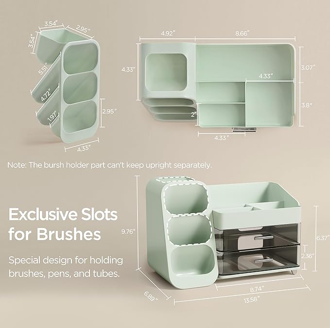 HBlife Makeup Organizer with Brush Holder for Vanity, Large Plastic Bathroom Countertop Organizer Skin Care Storage, Easy to Store Lipsticks, Nail Polishes, Perfumes, Eyeshadow Palettes, Green