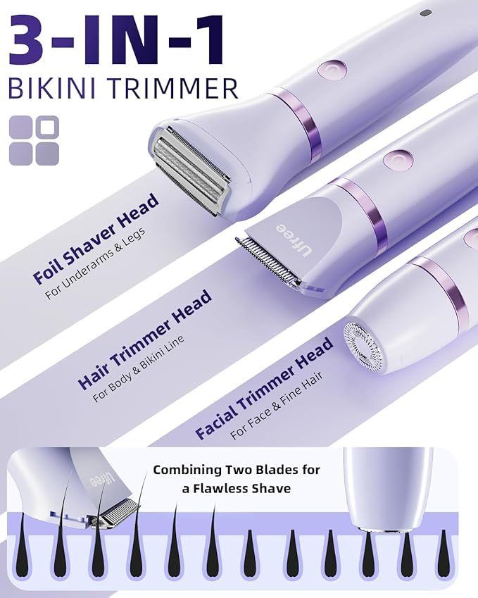 Ufree Bikini Trimmer Electric Razors for Women, Rechargeable Pubic Body Hair Trimmer Electric Shaver for Legs Body Hair, Bikini Shaver IPX7 Waterproof, Gifts for Women, Purple