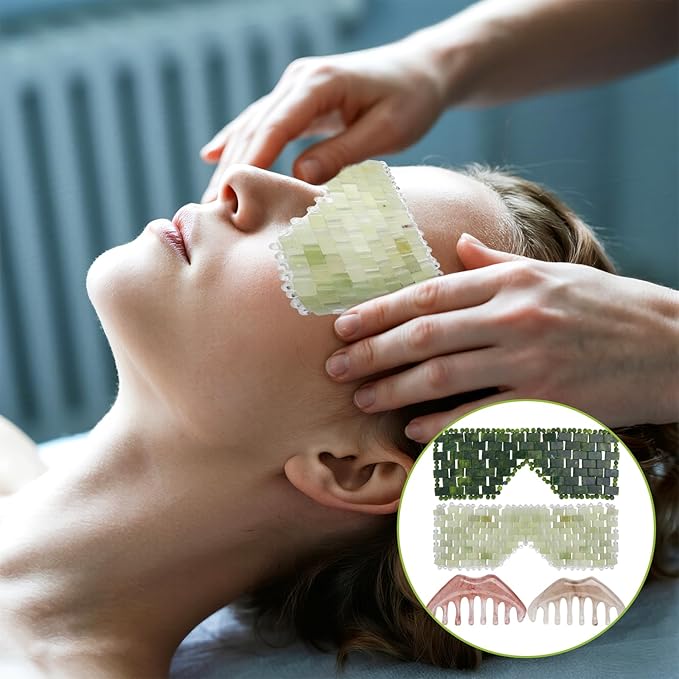 2 Jade Eye Mask and 2 Jade Comb Multi-Functional for Guasha Massage Facial Tools and Head Spa Tools Gifts, Totally 4 Pcs Esthetician Supplies (Both Colors)