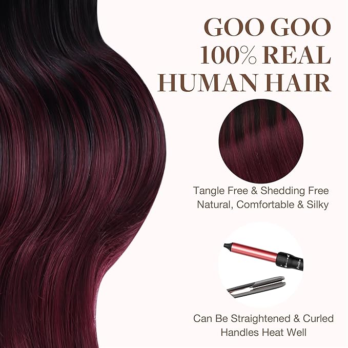 GOO GOO Tape in Hair Extensions Human Hair, 1/99 Balayage Jet Black to Red, 16inch 100g 40pcs, Skin Weft Seamless Invisible, Silky Straight with Thick Ends, Remy Human Hair