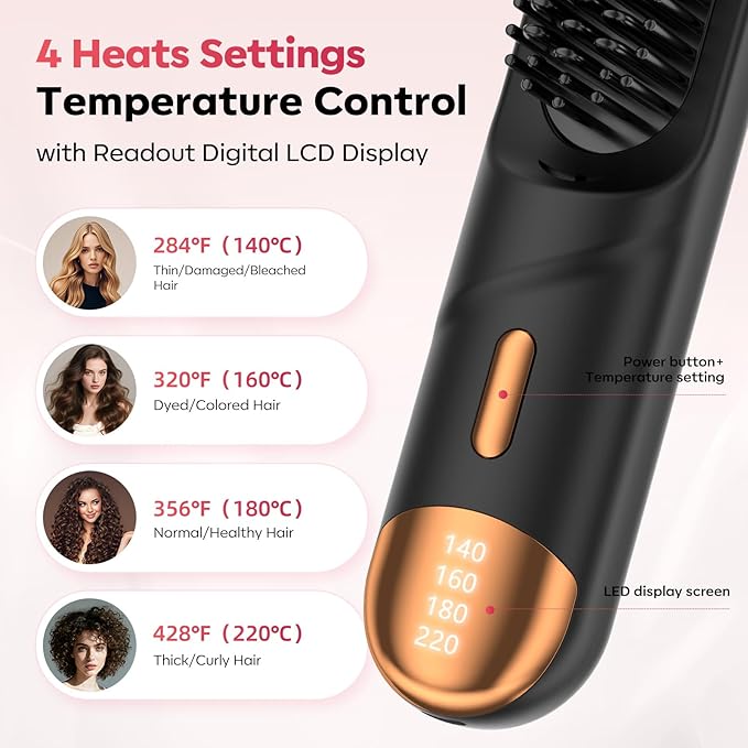 Go Brush Pro 2026 Hair Straightener Brush 300 Million Negative Ionic Portable Hair Straightener Comb for Women with 4 Temps Fast Heating MCH Ceramic Coating Smooth Frizz - Free Hair Shining Black