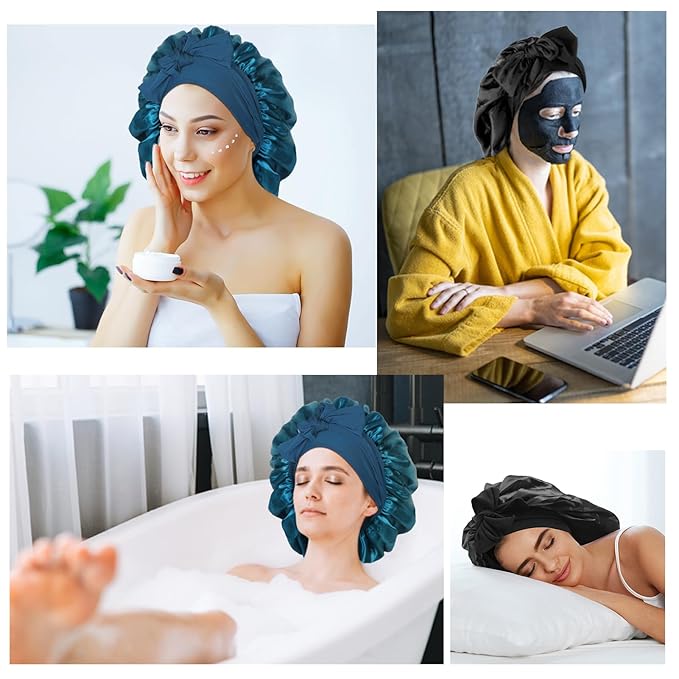 Arqumi 2 Pcs Satin Silk Bonnet for Sleeping Women, Large Long Strap Tie Band Adjustable Sleep Night Cap Hair Bonnet Wrap for Men, Black+Hole Blue