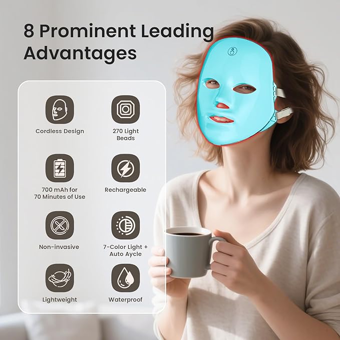 SUERBEATY Red Light Mask For Face, 7-1 Colors Red Light Face Mask, Facial Skincare At Home, Cordless, Portable and Rechargeable, Turkish Blue