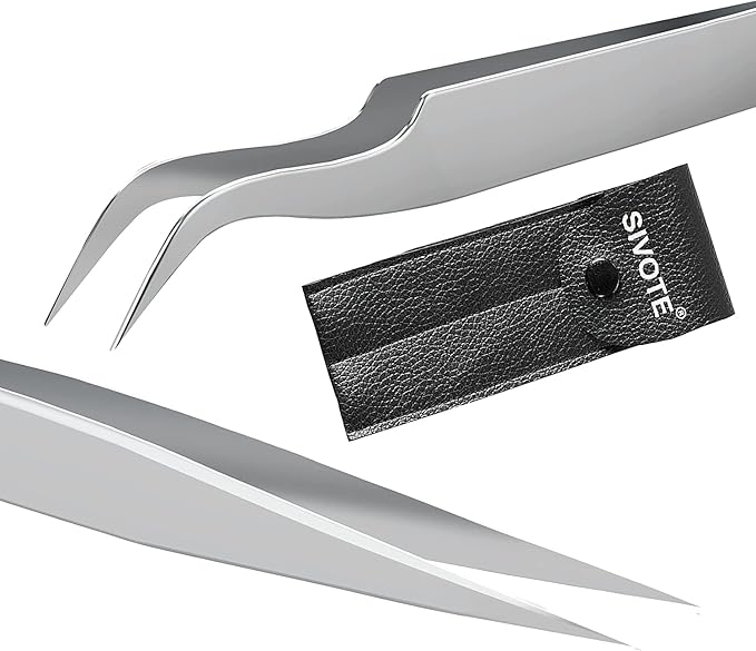 Sivote Eyelash Tweezers, 2-Pack, Hand Calibrated Straight and Curved Tips, Stainless Steel Lash Tweezers for Eyelash Extensions, Matte Silver