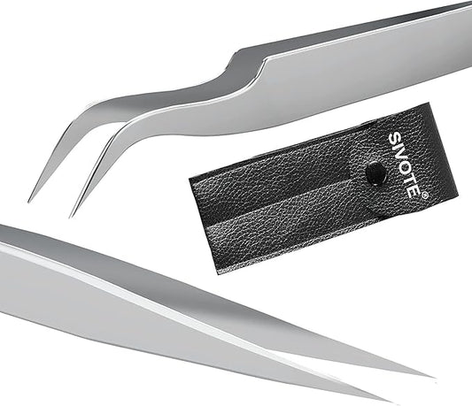Sivote Eyelash Tweezers, 2-Pack, Hand Calibrated Straight and Curved Tips, Stainless Steel Lash Tweezers for Eyelash Extensions, Matte Silver