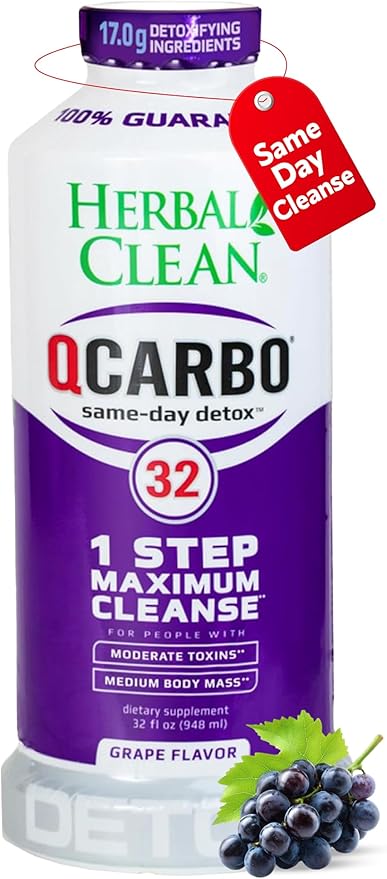 Herbal Clean Qcarbo32 Same Day Detox Cleanse Drink (32 fl oz) - Grape Flavor Full Body Cleanse* Detox Drink for high Toxin Level*, Vitamin B2 and Vitamin B12 for Men & Women