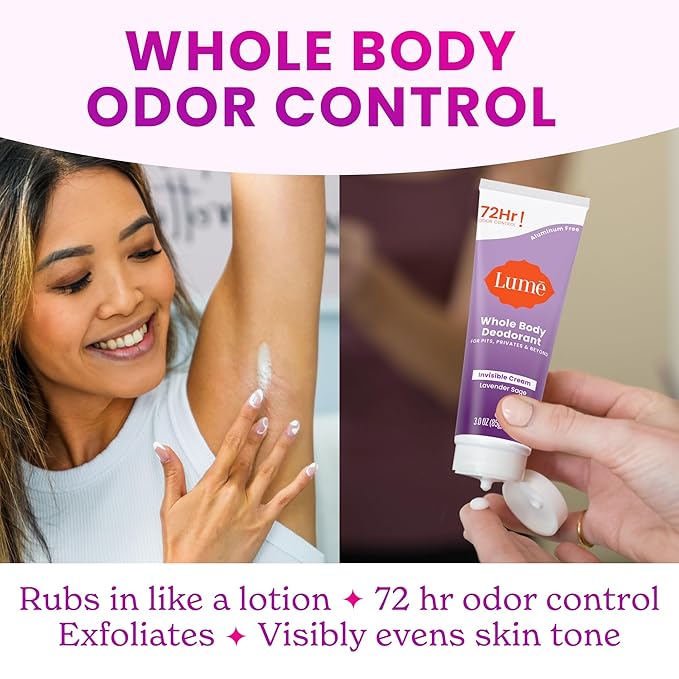 Lume Whole Body Deodorant - Invisible Cream Tube - 72 Hour Odor Control - Aluminum Free, Baking Soda Free, Skin Safe - 3.0 ounce (Pack of 2) (Lavender Sage)