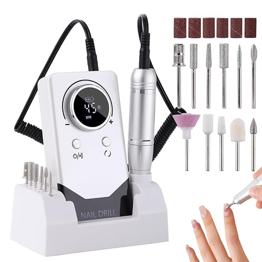 Electric 45000RPM Nail Drill Machine Rechargeable Portable Nail File Electric DIY Nail Drill Kit with Smart LCD Screen for Gel Nail Manicure and Pedicure Reflective Body etc (White)