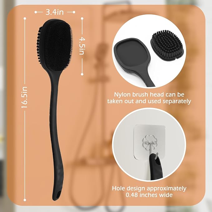 Back Scrubber for Shower, New Update Double Sided Body Scrub Brush Long Handle with Soft Silicone Bristles and Stiff Nylon Bristles for Shower Exfoliating and Massage Can Produce More Rich Foam