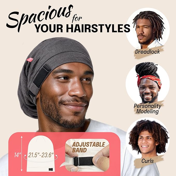 Large Satin Bonnet for Men Sleeping: Loc Cap Dreadlocks for Curly Braids Wave, Silky for Frizzy Hair Smooth, Adjustable No Slip Grey