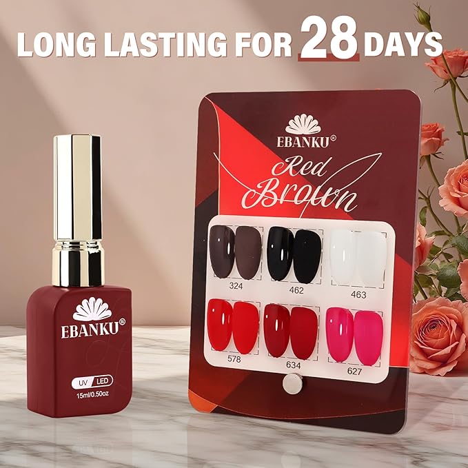 EBANKU 6 Pcs 15ML Red Gel Nail Polish Set- Valentines Dark Red Burgundy Gel Polish Same Color Same Bottle Soak Off Gel Polish Kit Nail Art Manicure Gifts for Women (Dark Red White Black Brown)