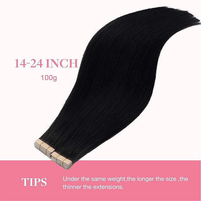 GOO GOO Tape in Hair Extensions Human Hair, 1 Jet black, 16inch 100g 40pcs, Skin Weft Seamless Invisible, Silky Straight with Thick Ends, Remy Human Hair