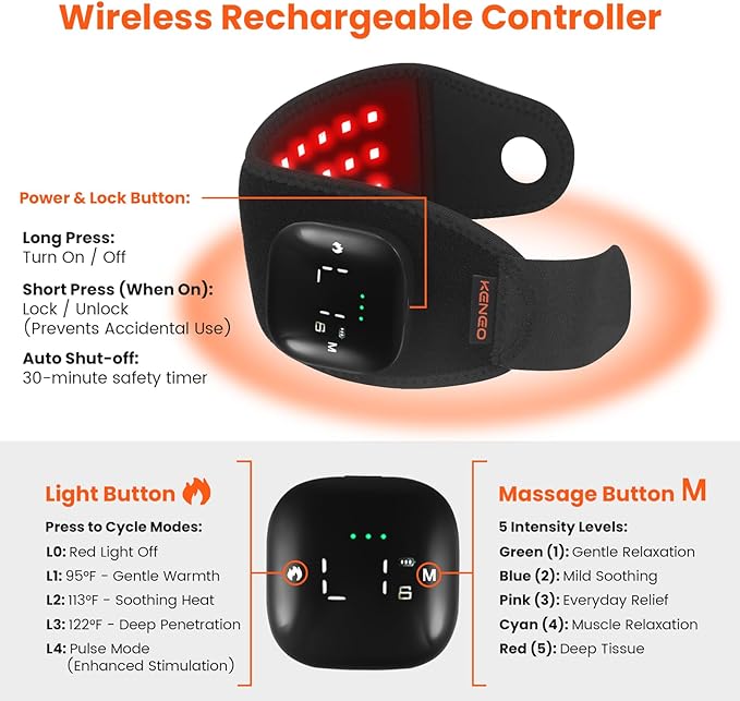 Keneo Red Light Therapy Wristband for Hand & Wrist, 660nm & 850nm Near Infrared Light Device, 3 Heat & Vibration Massage Settings, 2000mAh Wireless, 36 LEDs for Comfort & Recovery (Black)