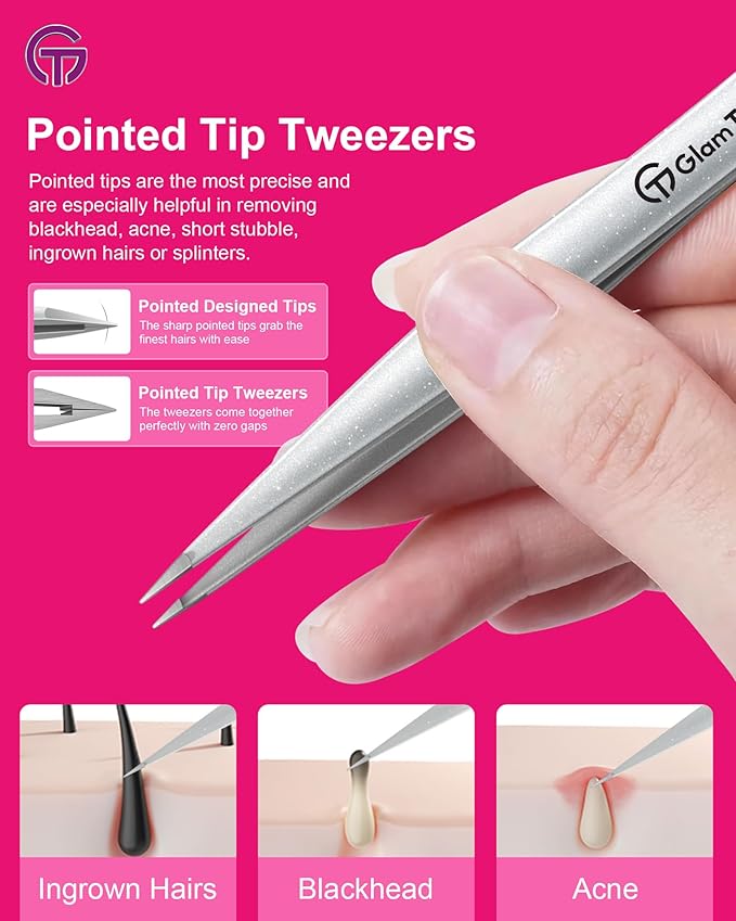 Expert Slant and Point Tip Tweezer Set with Exclusive Storage & Carrying Case, GlamTweeler Sharp & Precision Tweezer Set for Eyebrows, Facial Hairs and Fine Hairs Removal (Sparkle Blue + Silver)