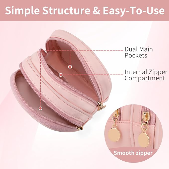 Small Makeup Pouch, Double Zipper Cosmetic Bag, Travel Makeup Bag, Cute Makeup Bag for Purse, Mini Toiletry Bag (pink)