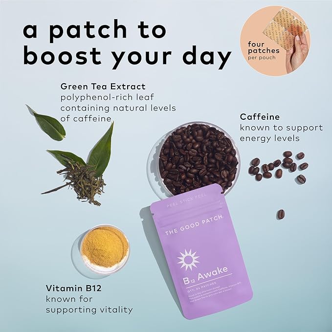 The Good Patch B12 Awake Patch, Natural Patch with Caffeine, B12, and Green Tea Extract, Plant Powered Wearable Wellness, Helps to Promote Energy (8 Total Patches)