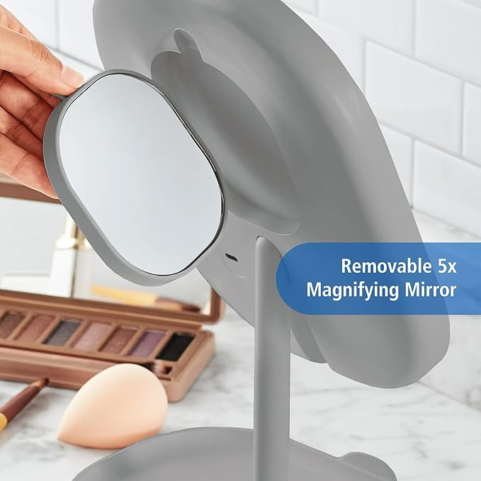 Rechargeable LED Makeup Mirror with Lights, 5X Magnifying & Storage Tray | Touch Control Vanity Mirror for Desk, Compact Makeup Mirror with Adjustable Brightness