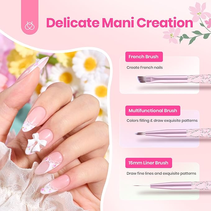 Beetles Gel Polish Nail Art Brushes Set 6 Pcs Nail Brush and 8 ml Pink Painting Gel, Floral Pattern Handle Gradient Bristles Fingernail Art Pens DIY with Bowknot Accessories Manicure Design Tools Set