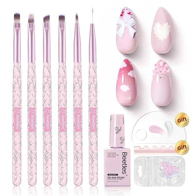 Beetles Gel Polish Nail Art Brushes Set 6 Pcs Nail Brush and 8 ml Pink Painting Gel, Floral Pattern Handle Gradient Bristles Fingernail Art Pens DIY with Bowknot Accessories Manicure Design Tools Set