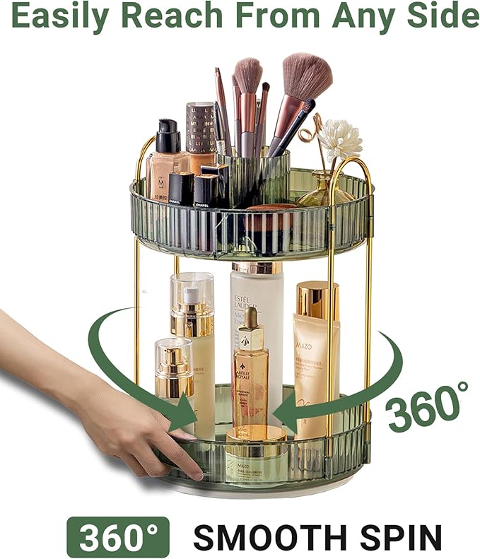 360 Rotating Makeup Organizer,2 Tier Large Capacity Make Up Organizers and Storage,Skincare Perfume Vanity Organizers,Bathroom Cosmetics Storage Organizer Countertop (Green)
