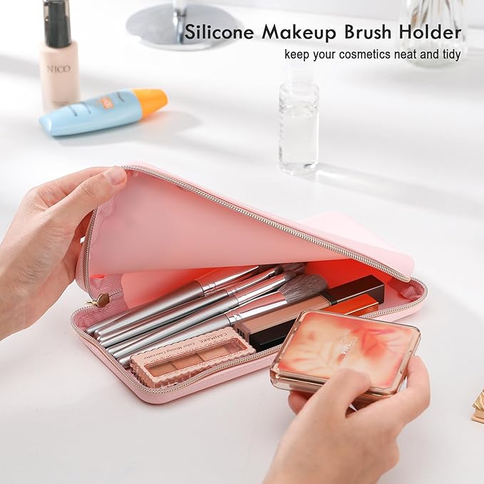 FVION Zipper Makeup Brushes Bag For Travel, Large Silicone Makeup Brush Holder, Make Up Brushes Pouch Case for Makeup Tools - Pink