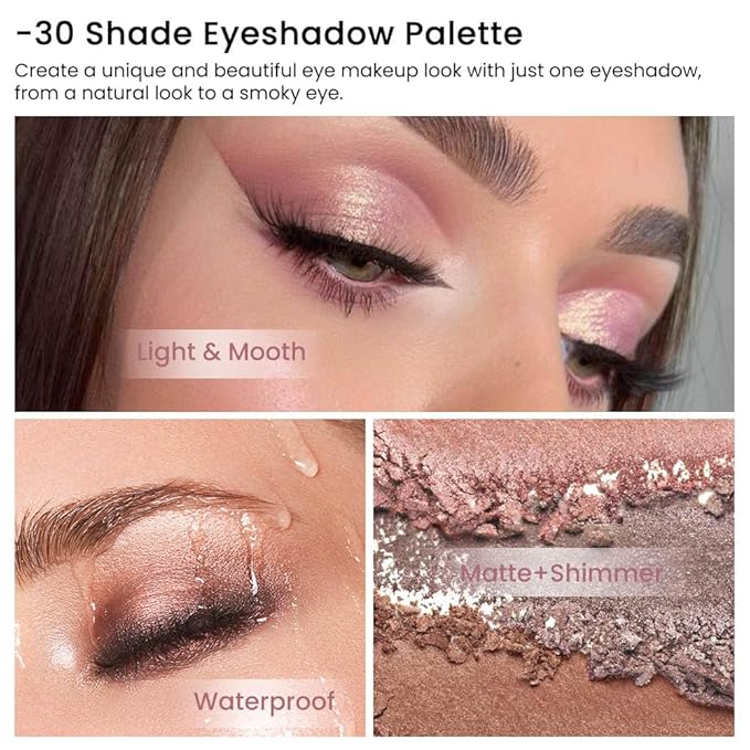 SUAKE 30 Colors Nude Champagne Gold Matte Shimmer Eyeshadow Palette with Brush for Eye Makeup,High Pigmented Pink Purple Brown Eye Shadow Primers Powder Palet de sombras de ojos-Big30