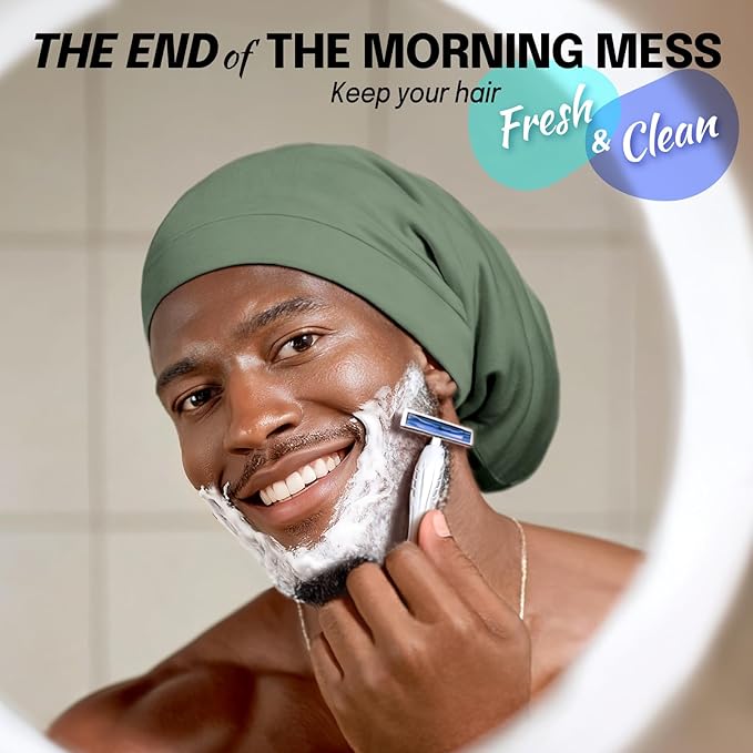 Large Satin Bonnet for Men Sleeping: Loc Cap Dreadlocks for Curly Braids, Silky for Frizzy Hair Smooth Military Green