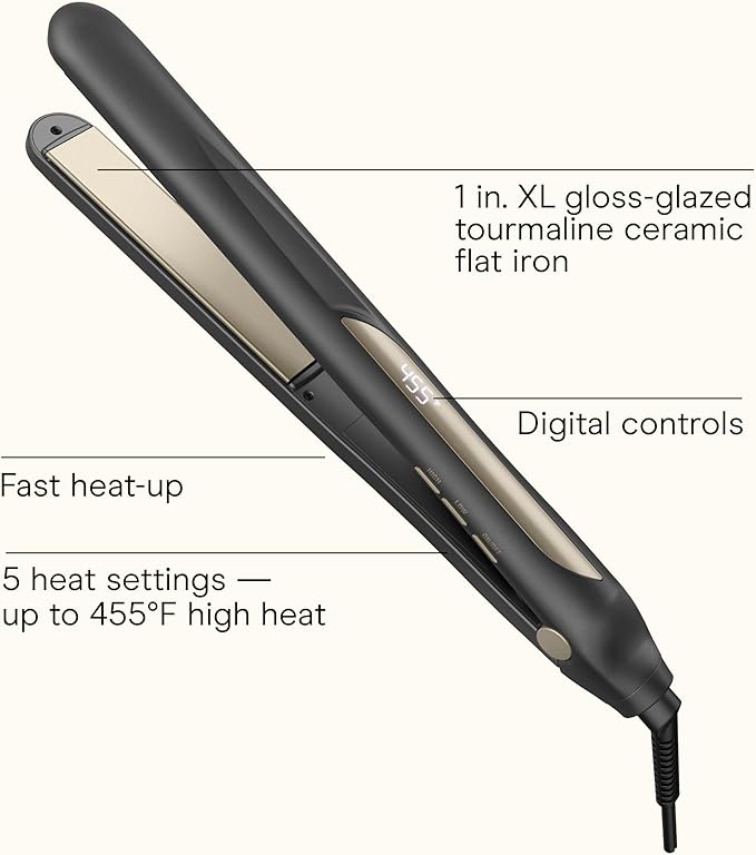 Infiniti PRO CONAIR Tourmaline Ceramic 1-Inch XL Flat Iron Digital Hair Straightener, 1-Inch XL Flat Iron to Straighten or Curl, 5 Heat Settings, for All Hair Types and Textures, Dark Gray