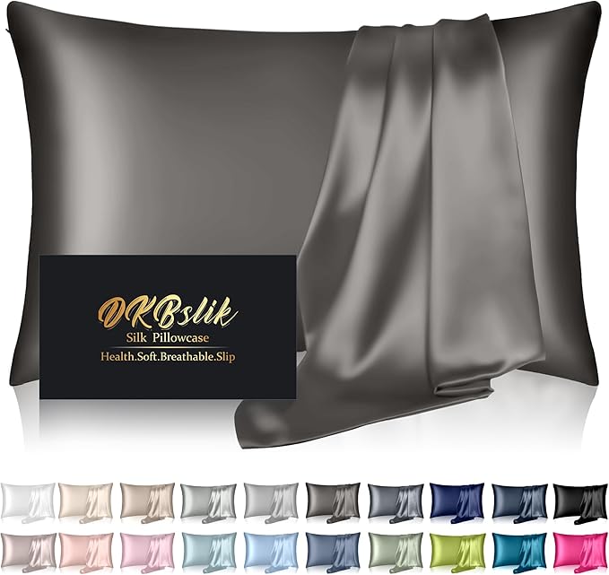 Silk Pillowcase for Hair and Skin, Mulberry Silk Pillow Cases King Size, Anti Acne Cooling Sleep Both Sides Natural Silk Satin Pillow Case Covers with Hidden Zipper, Gifts for Women Men, Dark Gray