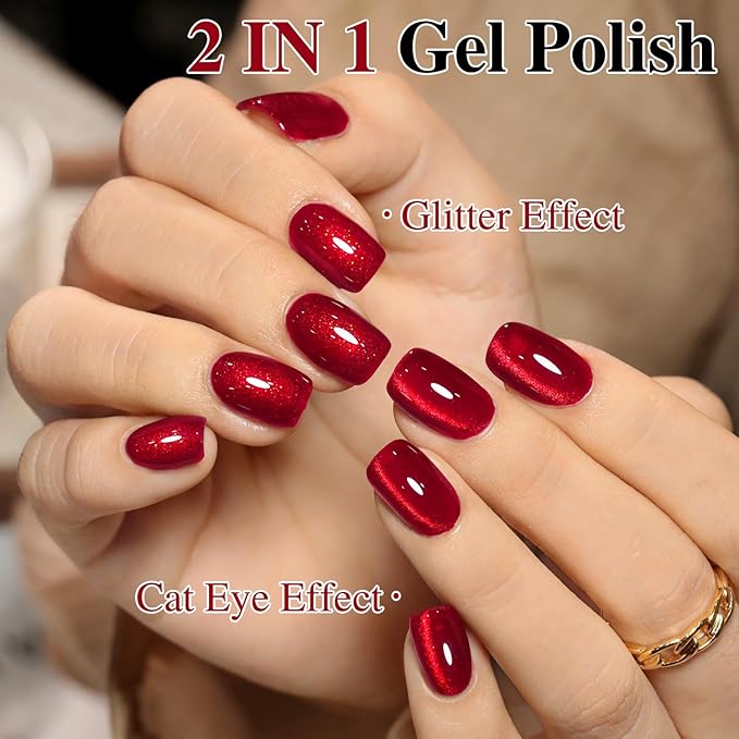 Double Rhythm Jelly Glass Cat Eye Gel Polish with Magnet 15ML Holographic Glitter Shimmer Translucent Sheer Color Magnetic Nail Polish Salon DIY at Home (Blood Red-MC1107)