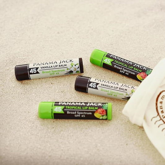 Panama Jack Passport to Flavor - Travel Sunscreen Lip Balm Bulk SPF 45 Stick - 4 Pack Tropical & Vanilla