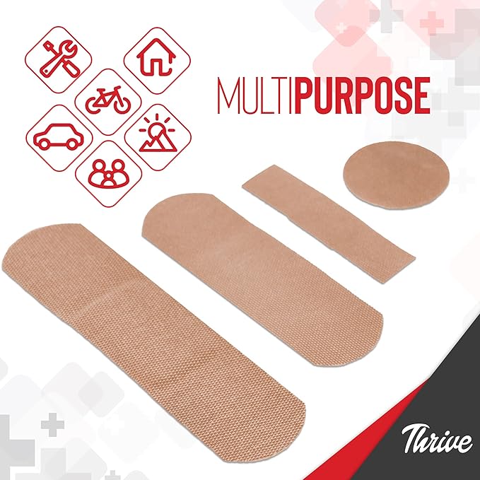 Thrive Bulk Fabric Adhesive Bandages Variety Pack - Portable Zipper Pouch for Travel & Car First Aid Kit - Waterproof & Latex-Free Bandages for Camping & Hiking First Aid Kit - 305 Piece Set, Red