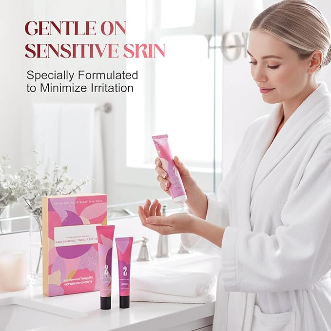 Gentle Facial Hair Removal Cream for Women, Advanced Formula for Sensitive Skin, Painless Hair Remover Kit with Cream & Smoothing Gel & Soothing Lotion (2, Standard)