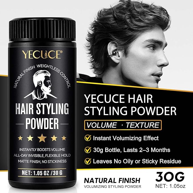 Yecuce Hair Styling Powder for Men, 2 Pack Texture Powder for All Hair Types, Adds Volume, Natural Matte Hairstyle with Non-Oily Finish, 30g Each