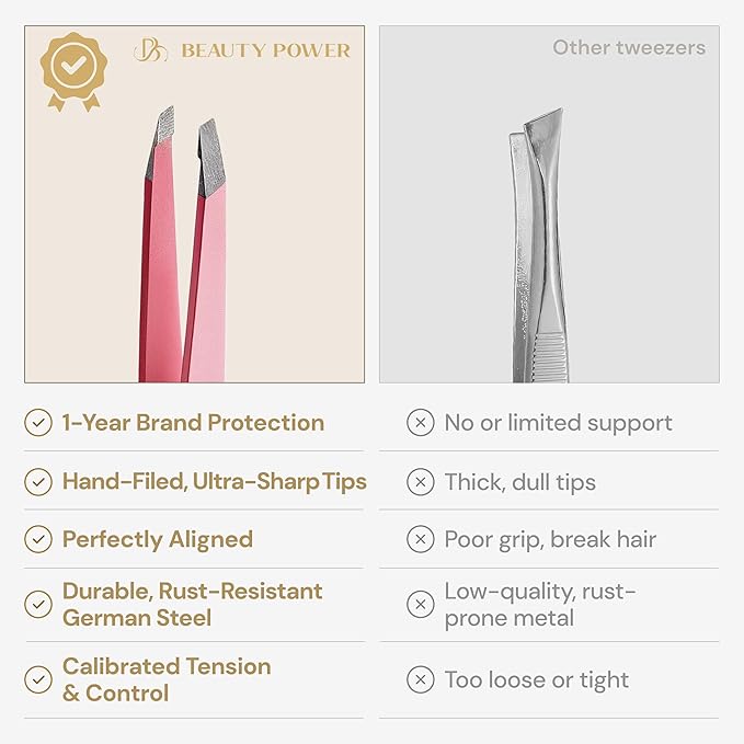 Professional Tweezers in Case - Slant, Durable Lightweight German Stainless Steel, Ultra Precision Tweezers for Eyebrows, Facial Hair, Chin, and Ingrown Hair Removal - Valentine's Gift