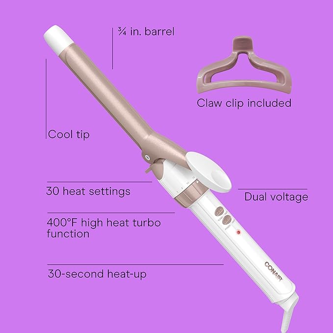 Conair Double Ceramic ¾-Inch Curling Iron with Claw Clip, ¾-Inch Barrel Creates Tight Curls, Hair Curler for Use on Short, Medium, & Long Hair, White/Rose Gold