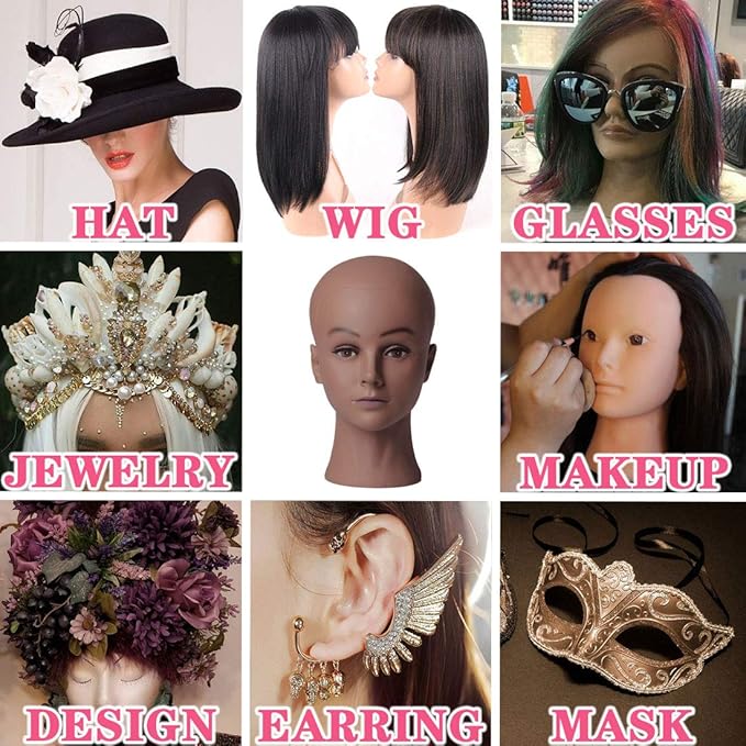 Bald Female Mannequin Head with Eyelash Training Head Wig Head Professional Cosmetology for Wig Making and Display Hat Helmet Glasses or Masks Display Head Model with Free T-Pins (Dark Brown)
