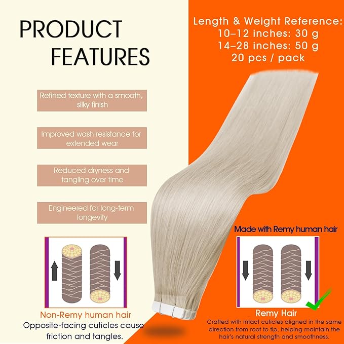Full Shine Tape in Hair Extensions Human Hair 60 Platinum Blonde Tape Hair Extensions Real Human Hair 18Inch Seamless Skin Weft Human Hair Extension Tape ins 50G 20Pcs Invisible Remy Hair