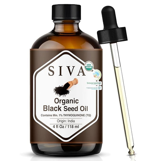 SIVA Black Seed Oil Organic - 4 Fl Oz – 100% Natural Cold Pressed Black Seed Oil - for Face, Skin Care, Hair Care, Scalp Massage & Body Massage – Carrier Oil with Dropper