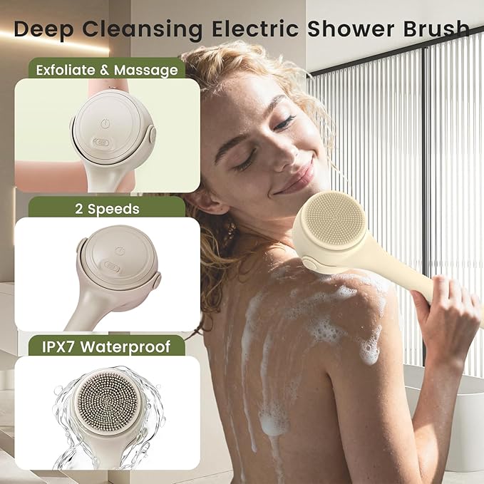 Electric Back Scrubber for Shower - Waterproof Rechargeable Exfoliating Brush for Deep Cleansing, Soft Bristles for Sensitive Skin, Dry/Wet Use for Back, Arms & Legs
