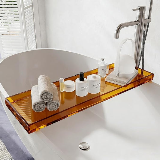 Bathtub Tray Table, Clear Acrylic, Anti-Slip Bath Caddy, (Amber, L29.9 x W7.87 x H1.18)