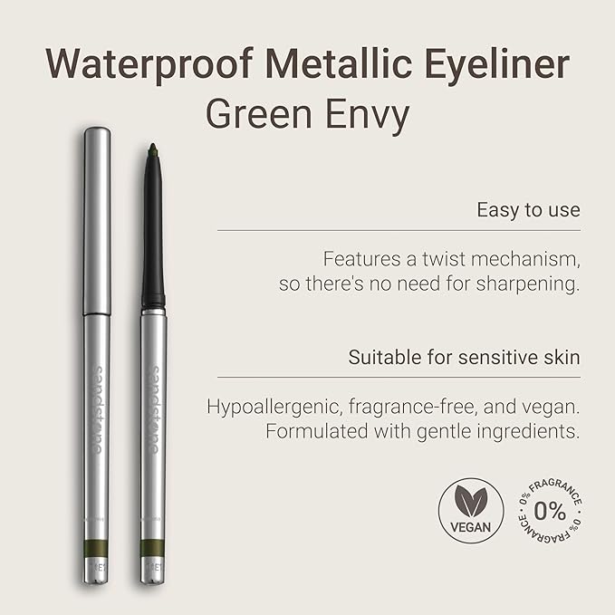 Sandstone Scandinavia Hypoallergenic Waterproof Eyeliner - Fragrance Free Metallic Green Eye liner - Vegan and Cruelty Free Eye Pencil - Eyeliner Pencil for Sensitive Eyes (Green Envy)