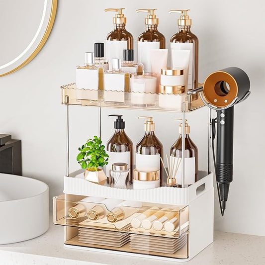 Bathroom Counter Organizer with Hairdryer Holder, 2-Tier 2-Drawer Shower Organizer for Skincare, Makeup Cosmetics, 5-Section Large Capacity Vanity Organizer, Bathroom Decor (Amber)